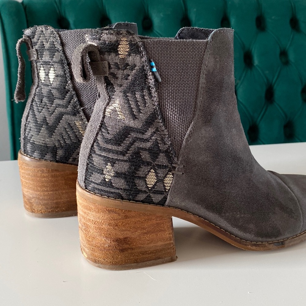 Toms Gray Suede Heeled Ankle Boots with Patterned Back